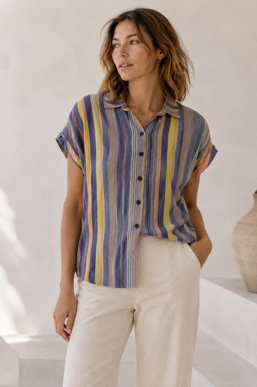 Marine Layer Womens XS Multicolor Stripe Button Front Shirt Blouse Dolman Sleeve